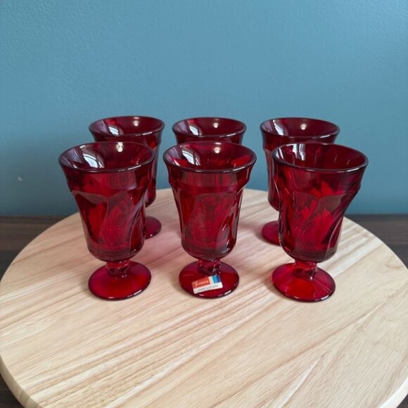 6 NOS Vintage Fostoria Jamestown Ruby Red Juice Goblets 4 3/4" Tall Elegant 4oz - Picture 1 of 8